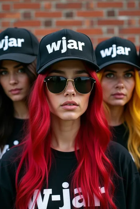 A medium shot of a red-haired woman with long hair, green eyes, with a gangsta rap style. The long-haired, red-haired woman is wearing a black hat with the word "W JAR" written in white. The long-haired, red-haired woman is also wearing a pair of sunglasse...