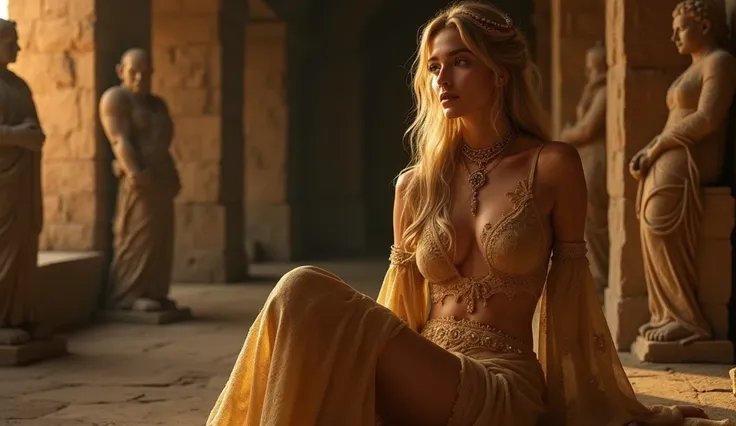  An elegant and ethereal figure sits in an ancient dimly illuminated chamber adorned with stone sculptures and statues. She wears bright gold lingerie that accentuates her elegant figure,  with intricate patterns and loose sleeves .  Her long blond hair ca...