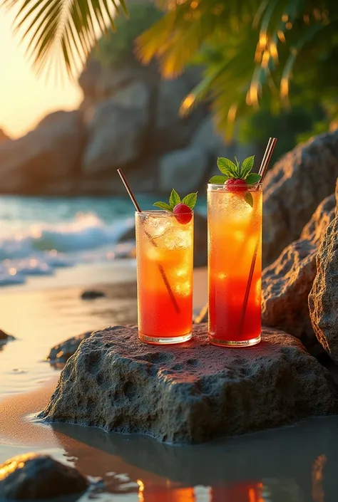 The image of the drinks should go over the rocks on a tropical beach full of rocks and vegetation, with a warm climate 