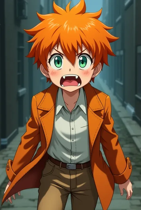 An orange-haired boy orange coat a white blouse a brown pants a belt Green blue eye very scared anime version