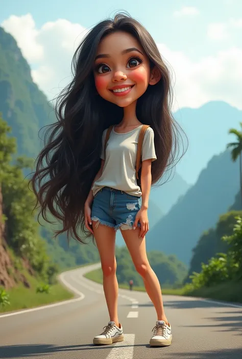 4D caricature of Indonesian woman with long hair , Whites wear T-shirts and short jeans, cussing shoes, in a mountainous area , indonesian road background,
 ,
high color effect,
Bk,
detail,
focus