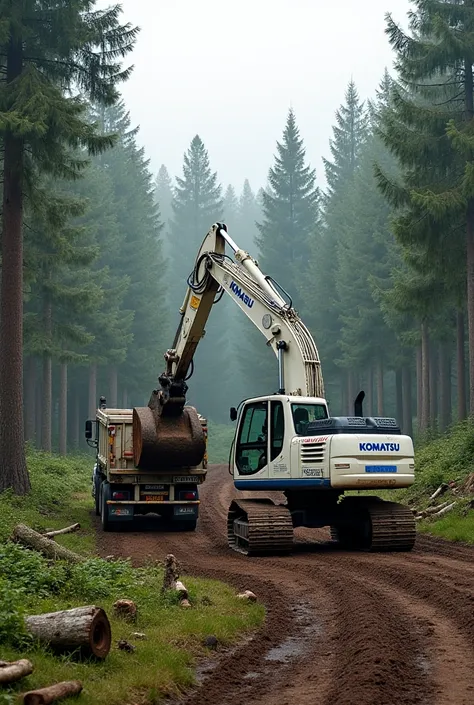 Komatsu pc 128 uu excavator white color Loading pine trees onto a dump truck with no tub next to it with pine forest background