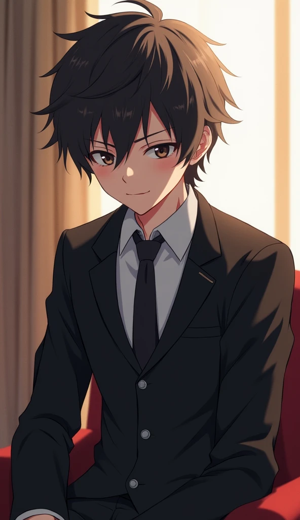 Anime boy with serious face wearing a black school uniform sitting in the chair 