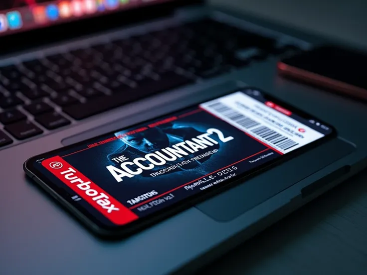 A sleek, modern digital movie ticket for The Accountant 2 in partnership with TurboTax on a computer. The design should be professional, sophisticated, and finance-themed, incorporating TurboTax’s signature red and blue color scheme along with the movie’s ...