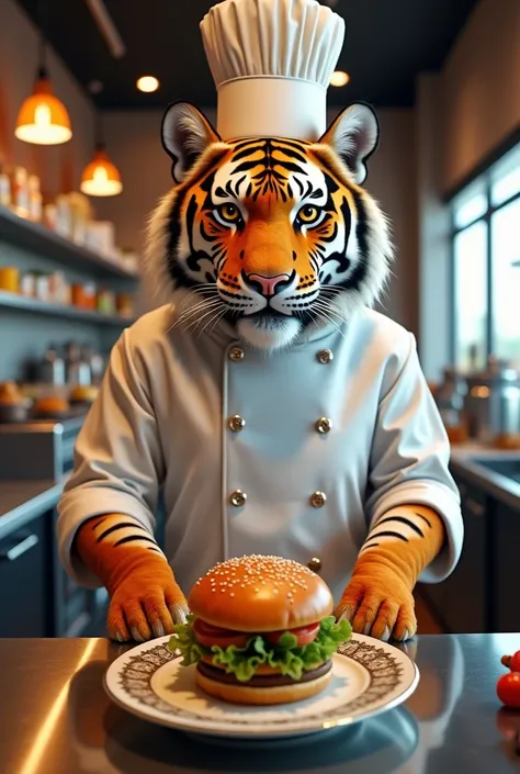 Show me a image of a tiger serving burgers 
