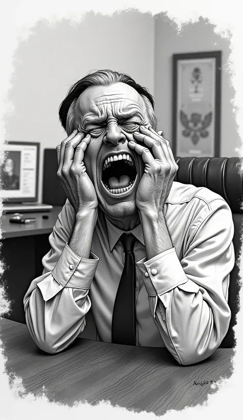 Hyperrealistic pen and ink illustration of an ugly Jewish man, wearing a kippah, screaming in pain in an office. Ironic image, super resolution, super quality.
