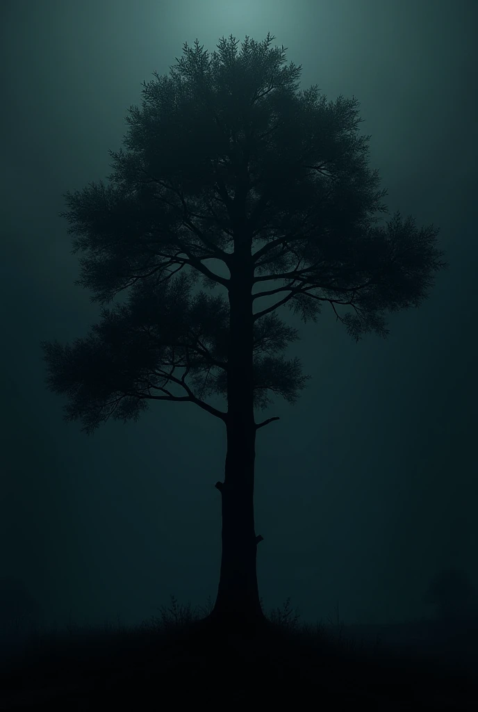 A tree in the dark with leaves and half the picture from the top is empty 