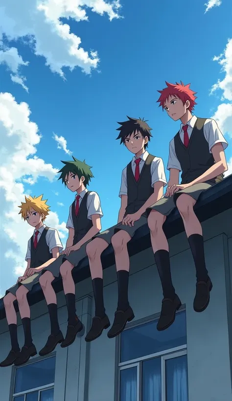 anime, group of boys, gangster, serious face, school uniform, each one has a different hairstyle and color, hanging at the top roof of the school building