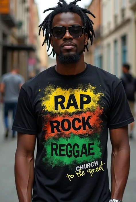 T shirt with the words Rap Rock Reggae and some form of design on it. Below write church to the street 