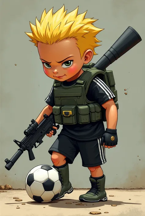  Image of Carlitos de los Rugrats with:  bulletproof vest , Radio and a big gun, playing a soccer ball and wearing a black soccer shirt from Germany 