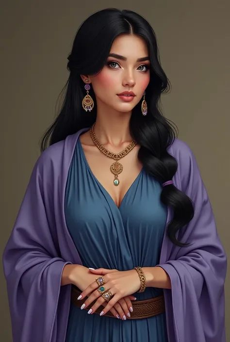 32-year-old woman with straight and long black hair with a blue left eye and a brown right eye with two locks of her hair tied back wearing a long and wide sleeve blue dress and a lilac shawl and a woven belt around her waist wearing gold earrings and amet...