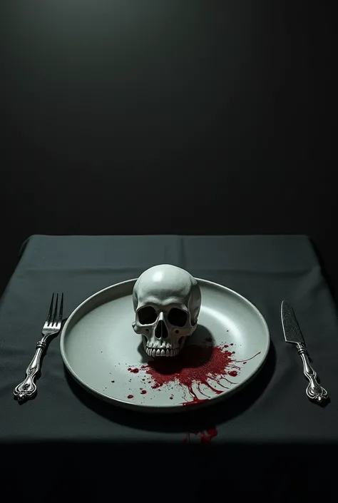 A black table with a gray plate with his skull and some light blood stains 