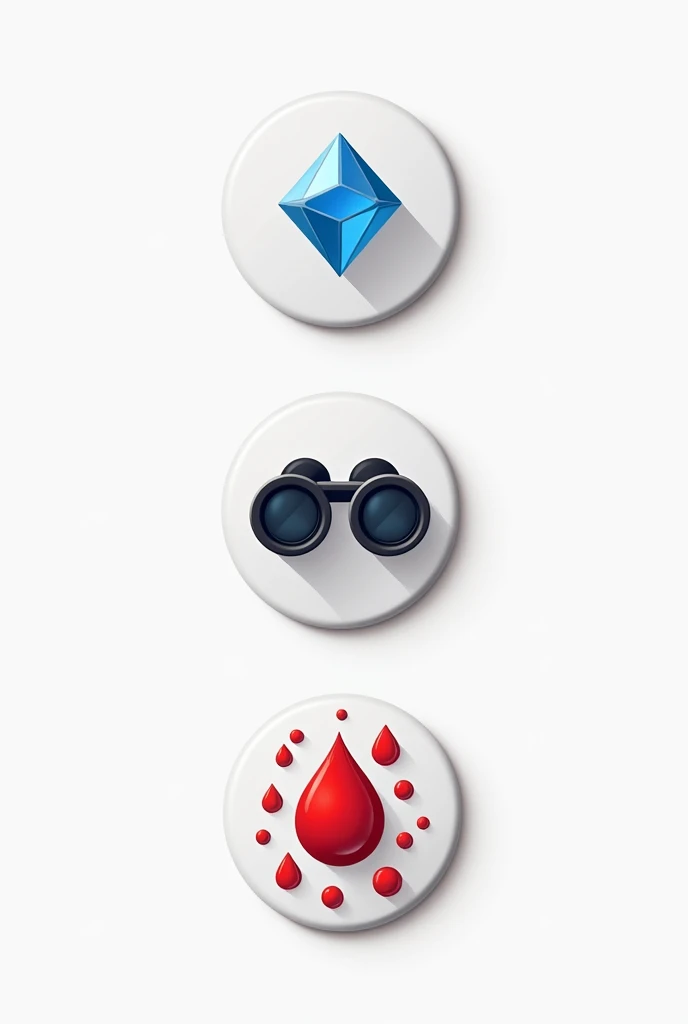  Create an image of three buttons . The first botton must be of a centered blue diamond, The second should be centered binoculars and the third should be a red droplet in the middle and several smaller red droplets around.  The bottom must be round. Do it ...