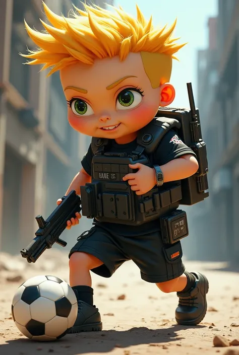  Image of Carlitos de los Rugrats with:  bulletproof vest , Radio and a big gun, playing a soccer ball and wearing a black soccer shirt from Germany 