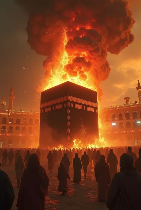 I want a picture of Mecca in Saudi Arabia and the Kaaba is erupting with a volcano next to it, volcanoes of lava in a very scary scene with an earthquake killing people and people looking at it in terror and running away 