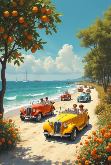 Photo d'une magnifique forêt de citronniers très colorés, sur une magnifique plage de sable remplie de belles fleurs, avec des magnifiques voitures de course anciennes et de toute ta couleurs, avec des conducteurs dedans, et une belle femme avec une belle ...