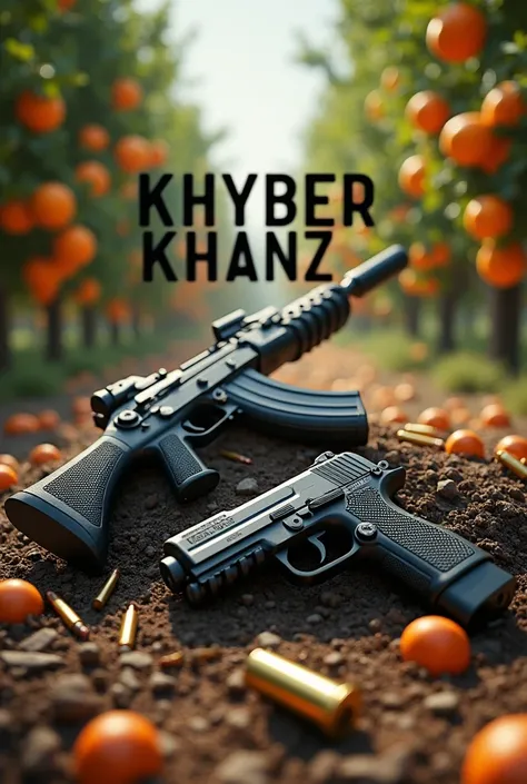 Imagine with "Khyber khanz" written in middle.  Some orange 🍊 trees in background with a baretta gun and aug gun and ammo.