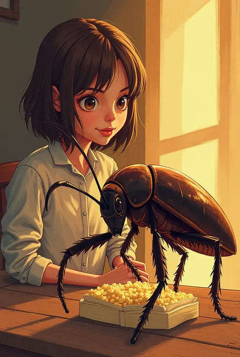 create a girl,  dps create a situation where the  gets a long-awaited gift
Then make the  eat the cockroach,  dps make it end up becoming a big cockroach because it ingested the giant cockroach , Do all of this in the form of a comic book  