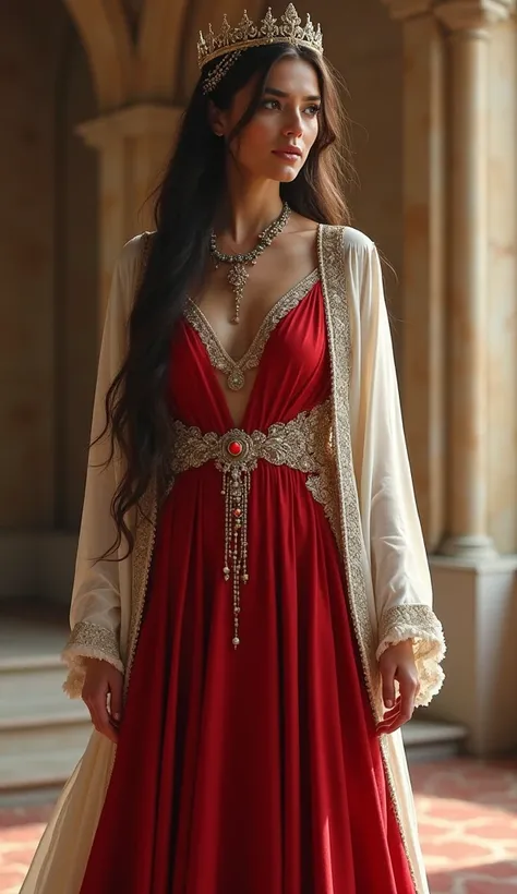 A persian goddess, stunningly beautiful, perfect face, long hair, detailed red long dress, detailed white robe, jewelry, necklace, gold crown on her head, standing, solo, masterpiece, in a dreamy castle, 