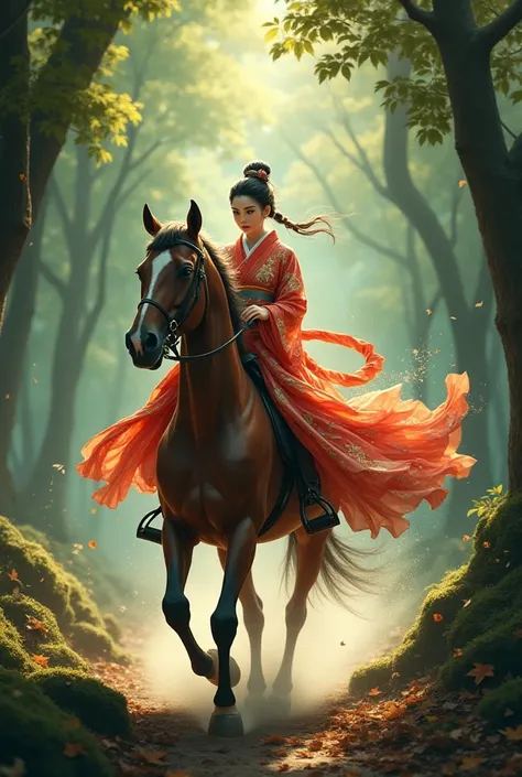 A beautiful woman in a kimono rides a horse and runs through the woods。