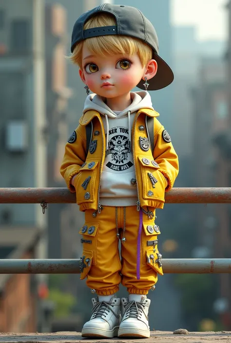 3D animation style, bjd，  boy, blond hair, gold eyes, black star-shaped earrings, wearing a black NIKE baseball cap on his back, a white closed hoodie covered with Indian totems, a collared long-sleeved windbreaker with multiple pockets and badges, a yello...