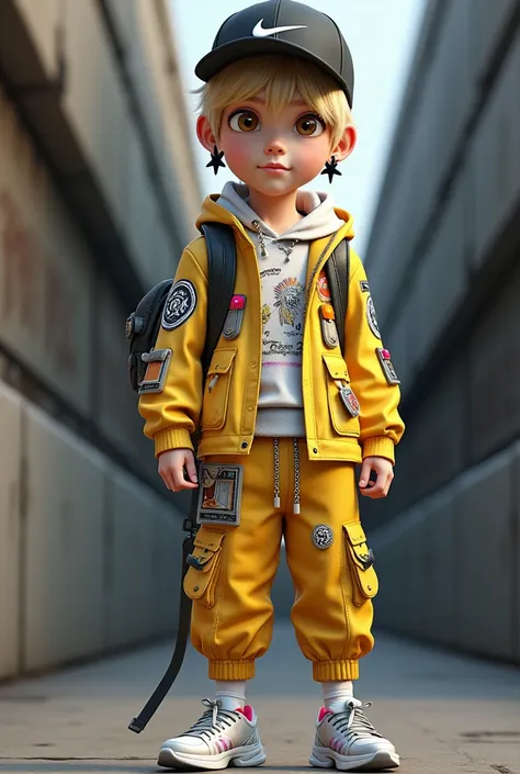 3D animation style, bjd，  boy, blond hair, gold eyes, black star-shaped earrings, wearing a black NIKE baseball cap on his back, a white closed hoodie covered with Indian totems, a collared long-sleeved windbreaker with multiple pockets and badges, a yello...