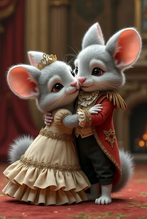 Make an image of a chinchilla princess hugging a chinchilla prince and having them dress like Beauty and the Beast 