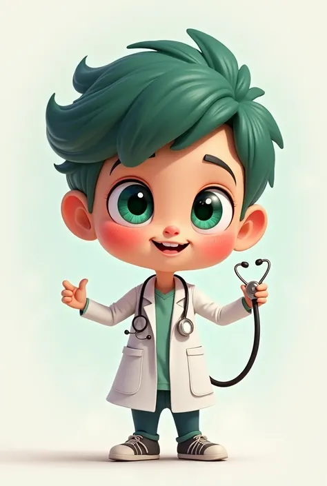 Create a mine me, With green eyes and lab coat with silver stethoscope necklace wrapped in heart shape 