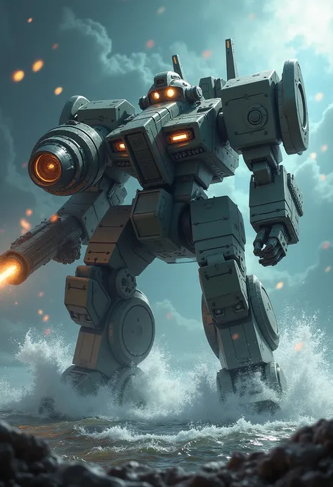 A giant mech, armed with large weapons resembling a battleship's turret. Glowing energy radiates from the mech, enhancing the tension of the scene. The background depicts a cosmic sky and splashing water, emphasizing the intensity of the battle.