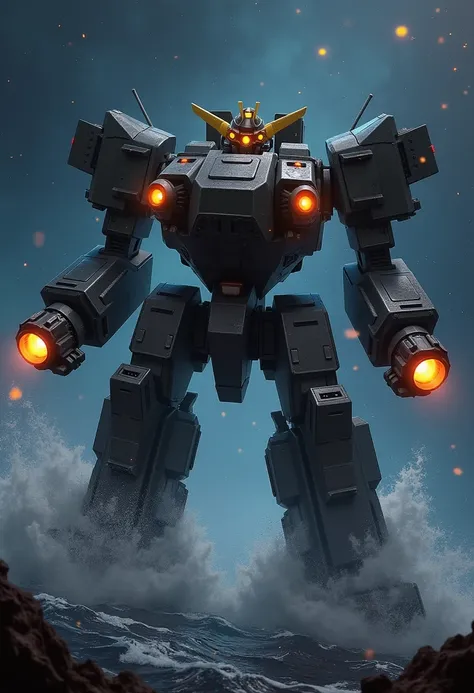 A giant mech, armed with large weapons resembling a battleship's turret. Glowing energy radiates from the mech, enhancing the tension of the scene. The background depicts a cosmic sky and splashing water, emphasizing the intensity of the battle.