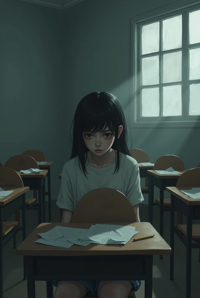 sad , in drawing. She's in a sad and gray classroom. 