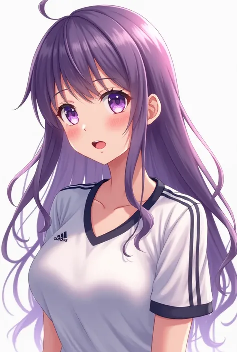 female anime fair skin loose black and long purple eyes tender face blush on the cheeks soccer clothing big breasts pretty pink lips