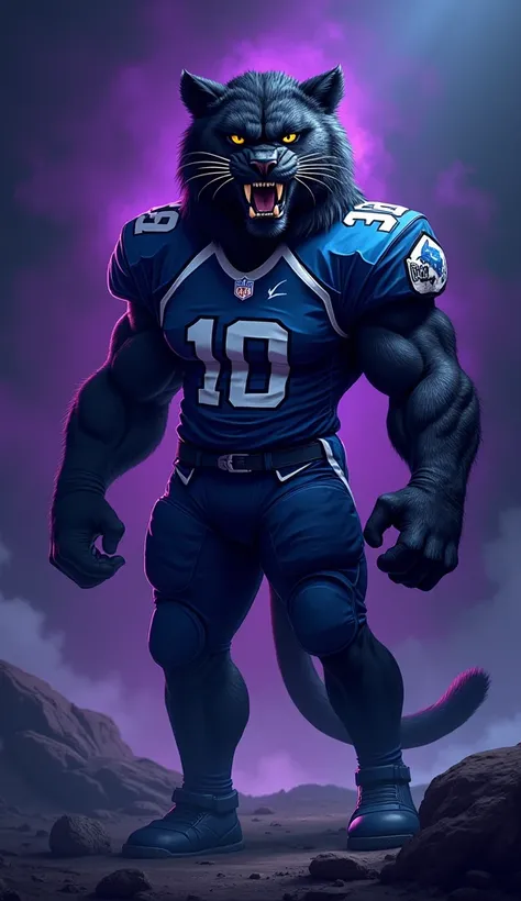 football mascot, black panther mascot, dark background, angry, purple and blue, standing, cartoon style, vector style