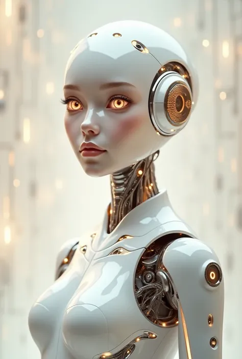 Create an image of a futuristic female robot with an elegant design and humanized features. She is looking at the camera. Her face has delicate features, and a slight smile, with expressive eyes that shine in a light, luminous tone, conveying intelligence ...