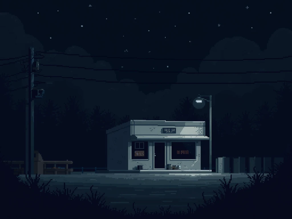 But let it be pixel art and be a store and without anyone and that it's night but very dark