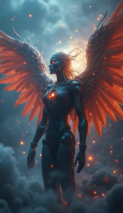   cosmic fallen angel view,  dazzling eyes ,  biomechanics, wondrous,  horrible, nightmare, The colors are very vivid.,  Light Particles , Bright light ., Musif, Wallpaper Art, UHD Wallpaper 