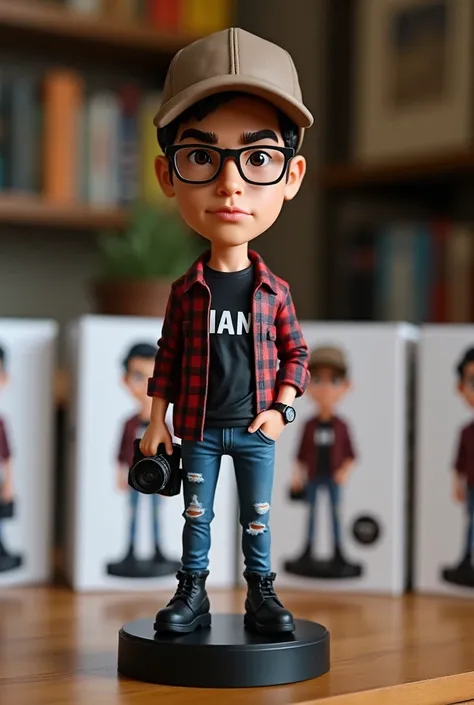 
"A highly detailed caricature-style figurine of a man with glasses wearing flannel shirt black T-shirt as inner the name 'IAN' are printed on it. He wears a brown cap, ripped blue jeans, black boots, and a black wristwatch. He has a serious expression wit...