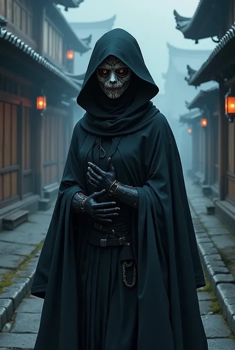 A multi-class thief with a wizard , d&d, anime, Wear a Japanese wakaonna mask,  she covers her entire body with her black clothes.