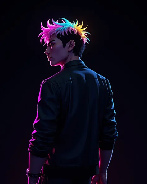 Dynamic, vibrant male figure, likely young adult, with spiky, multicolored hair.  Dramatic, neon-lit pose, with figure angled towards viewer's right side.  Intense expression and posture, as if in contemplation or anticipation.  Wearing a dark, shiny jacke...