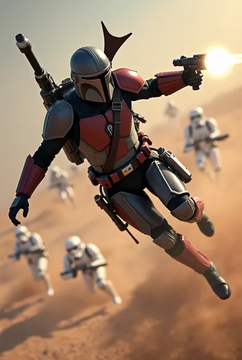 A mandalorian with shiny black and wine red armor, flying with his jackpack and fighting stormtroopers