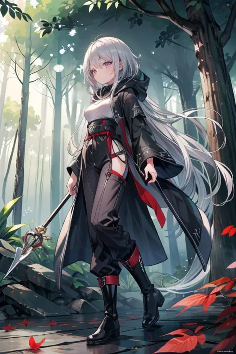  high resolution,8k, very detailed, top quality, Masterpiece, 1 woman (160cm tall, Cool Expressions ,( Silver Hair, straight long hair、 have slightly long bangs ),red eyes,  small breasts, Slim waist),jumping,  white mage, black robe, hooded robe, hood up,...