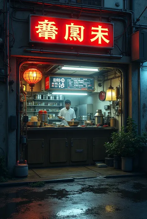 cyberpunk ramen bar, view of the kitchen space from the street, behind the counter area, no people, first-person perspective, tiny space