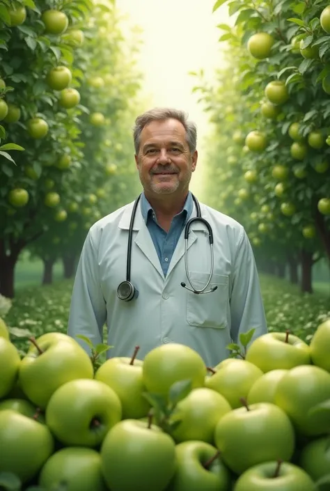 I want a doctor with an orchard of light green apples behind him 