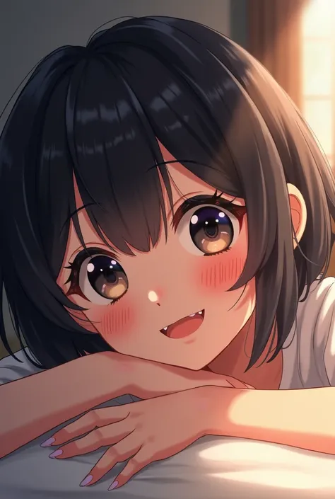 extreme close up of beautiful anime girl with short dark hair, she is lying on her side, she is smiling at you