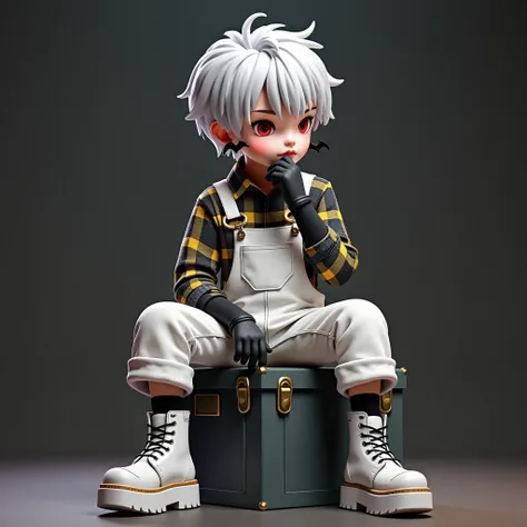 3D anime style, BJD,  boy, red eyes, platinum gradient hair color, black bat earrings, cold expression, long-sleeved collared shirt with dark gray and white yellow plaid, white overalls with large pockets, black socks, black gloves, white lace-up high plat...