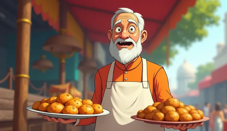 

"Anime style image of a 45-year-old Indian golgappa vendor looking surprised and amazed, saying, 'Bhai, tumhari to kuch baat hi alag hai! Abhi tak kisi ne itni teekhi maangi ho, yeh to challenge ban gaya!' The vendor has a warm, aged face, wearing a trad...