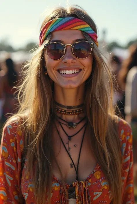 A a waist up portrait of a woman dressed in 70s hippie clothes with psychedelic patterns and colors on her clothes, with long straight hair that is unwashed and full of dirt, a colorful headband with vibrant colors is on her head, the woman's face expressi...