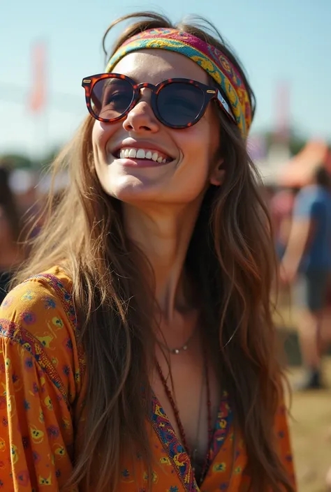 A a waist up portrait of a woman dressed in 70s hippie clothes with psychedelic patterns and colors on her clothes, with long straight hair that is unwashed and full of dirt, a colorful headband with vibrant colors is on her head, the woman's face expressi...