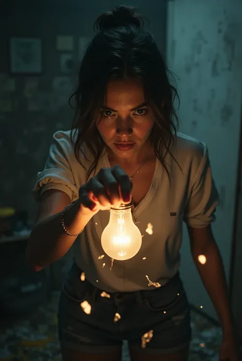 Brunette woman breaking a light bulb 