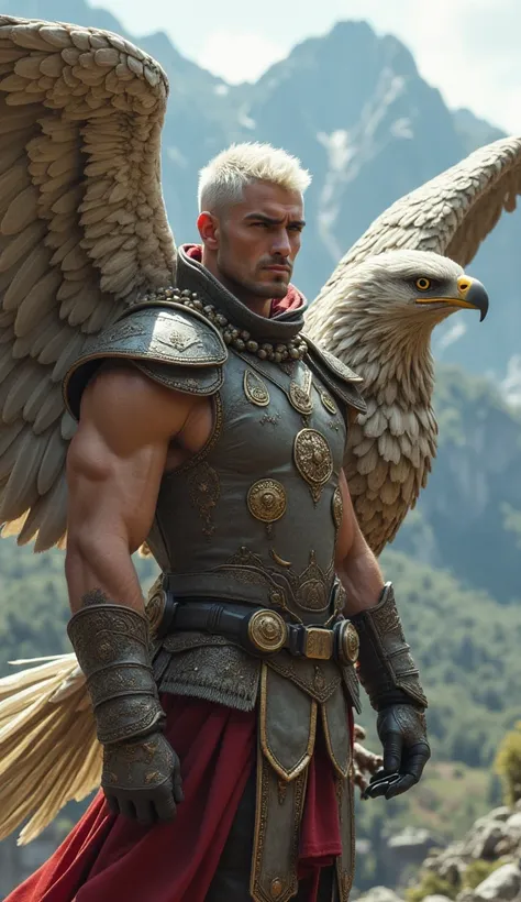 Muscular man with short white hair with a big creature with head of eagle and body of dragon with eagle wings, shaved face, handsome, albinism, in a persian battle suit, in the mountains, highly detailed, ((masterpiece)),